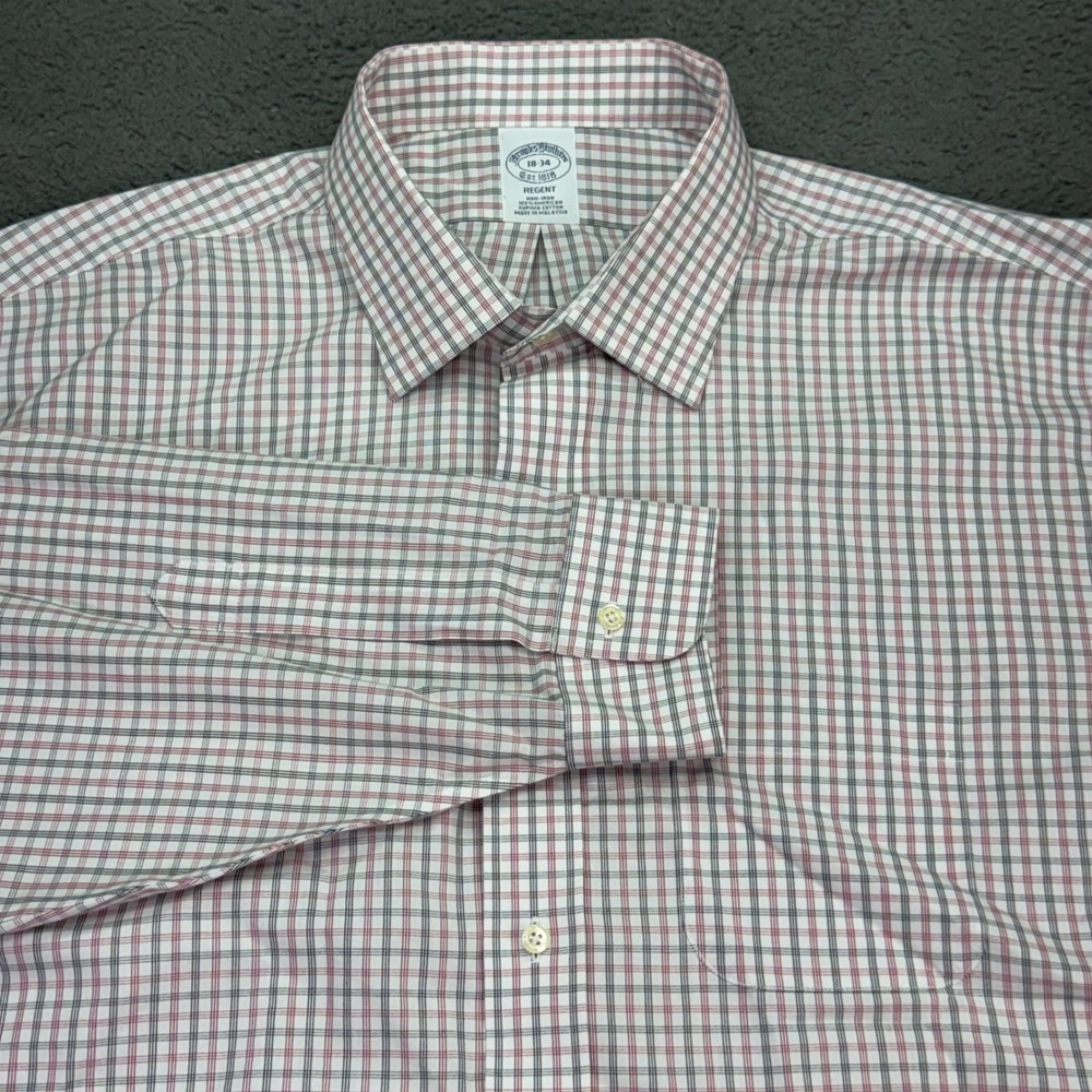 Brooks Brothers Dress Shirt Mens 18-34 White Red Plaid Regent Non-Iron Supima